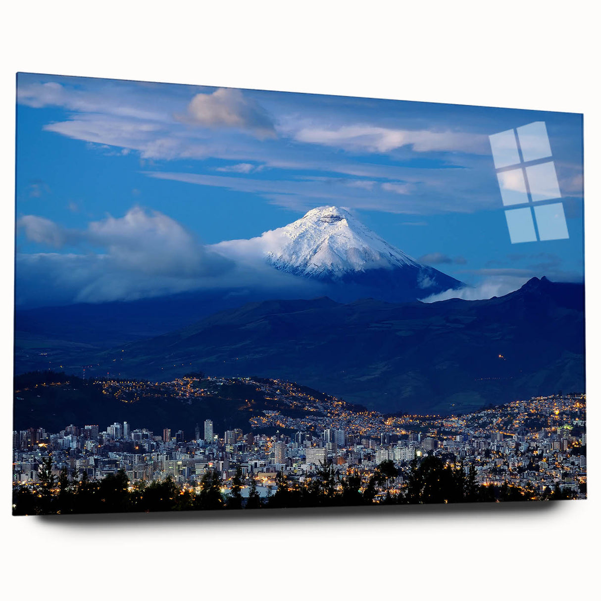 Large abstract wall art depicting a vibrant Ecuadorian landscape on acrylic glass, ideal for bedroom or dining room decor.