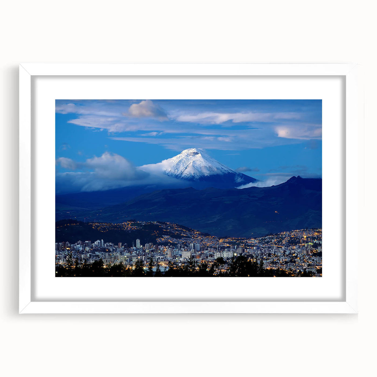 Abstract art print of a South American landscape in muted earth tones on a framed white canvas, ideal for dining room decor.