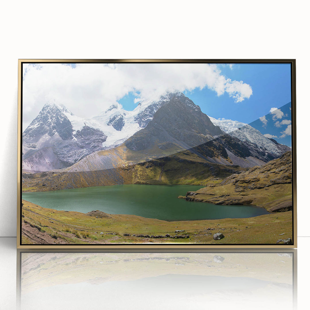 Acrylic print of a mid-century modernist South American landscape in muted earth tones, ideal for nursery wall decor.