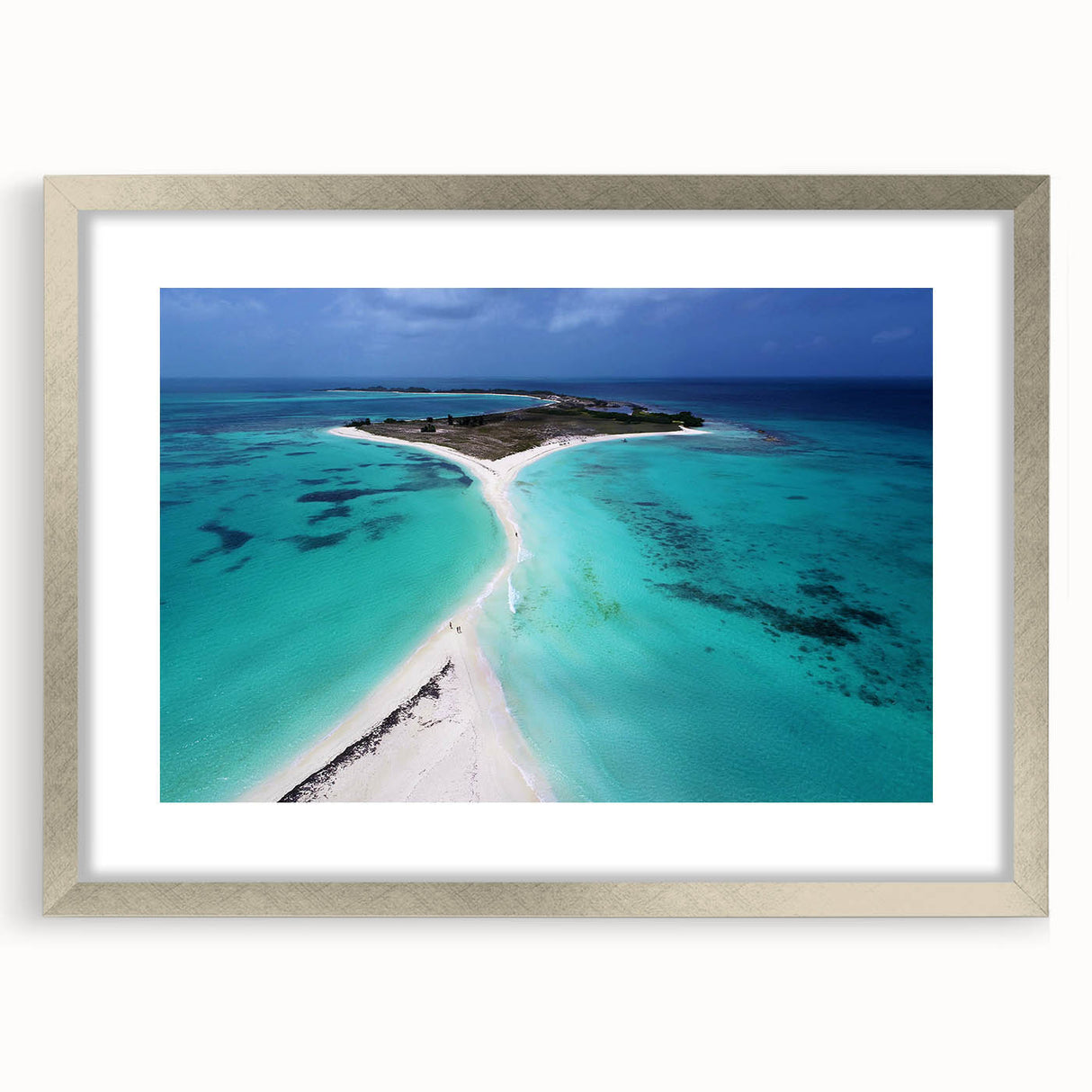 Textured abstract art print of a Venezuelan landscape in muted earth tones on a framed silver mat.