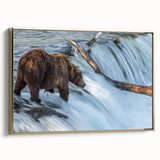 Framed canvas featuring a vintage-style Alaskan landscape in muted gold and black tones, suitable for bedroom decor.