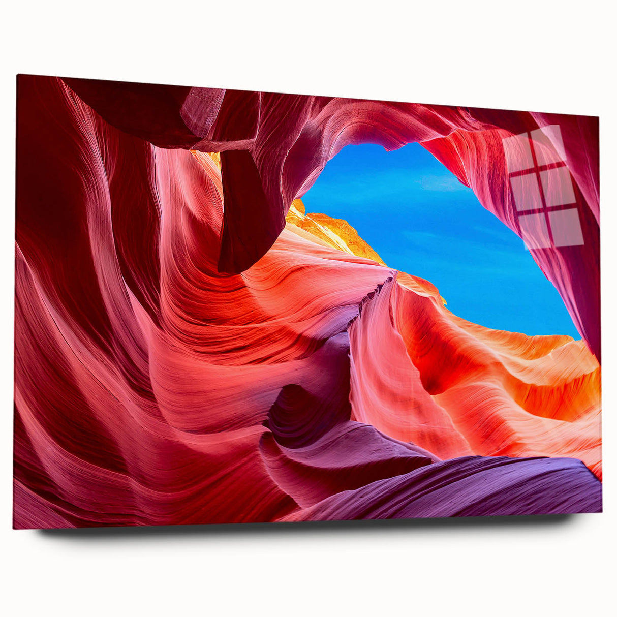 Large abstract depiction of Antelope Canyon in Arizona on acrylic glass, featuring earthy red and orange tones.