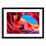 Extra large, textured abstract art print of colorful Arizona Antelope Canyon on a black framed canvas.