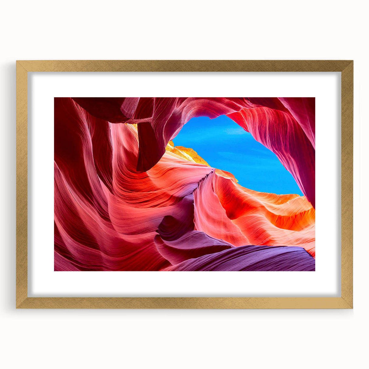 Textured abstract art print of Antelope Canyon in Arizona, in gold frame, ideal for extra large living room wall art.