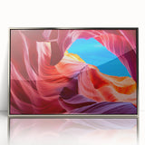 Framed acrylic print of Antelope Canyon in Arizona with earthy red and orange tones, in a mid-century modernist style.