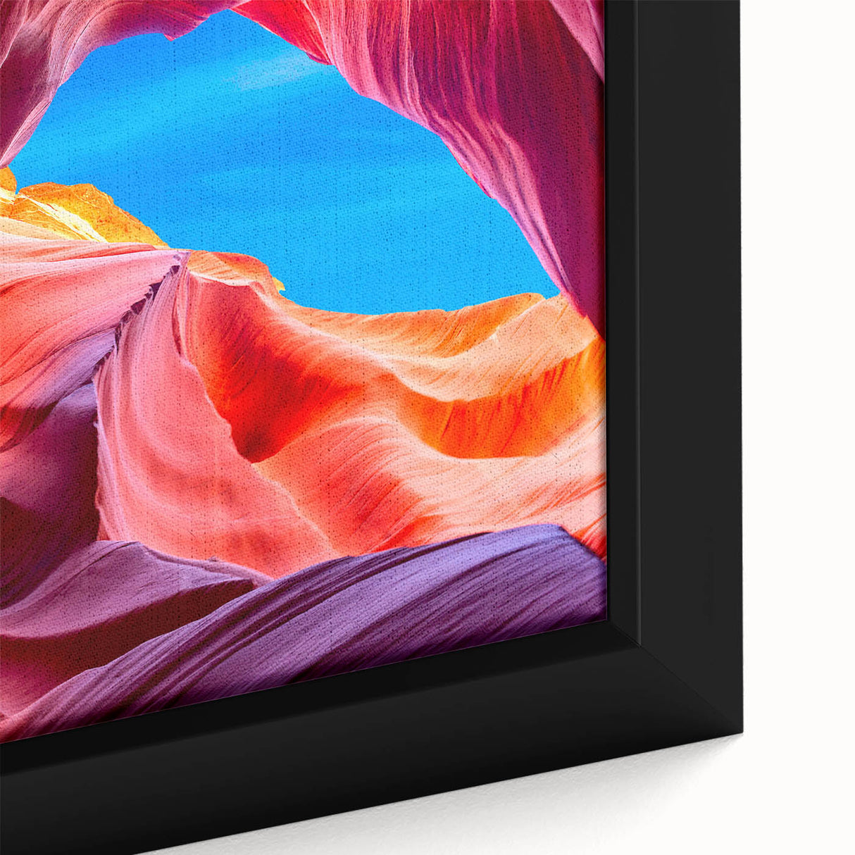 Extra large framed canvas featuring a textured depiction of Antelope Canyon in Arizona with vibrant red and orange hues.