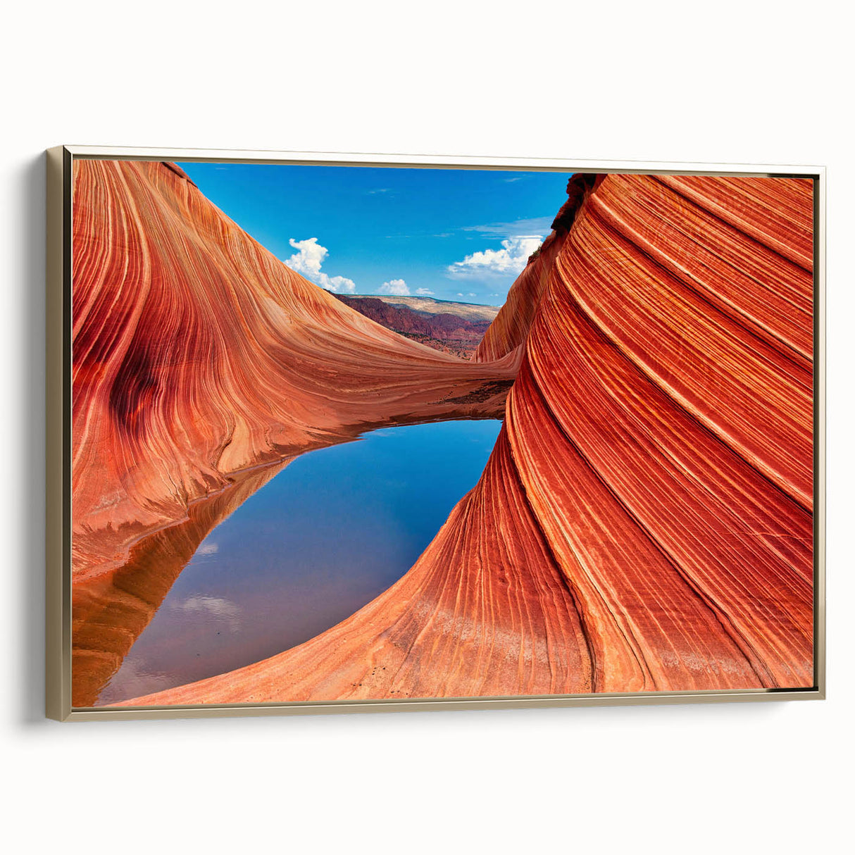 Framed canvas of Coyote Buttes in Arizona, featuring earthy tones and textured landscape, ideal for bedroom wall art.