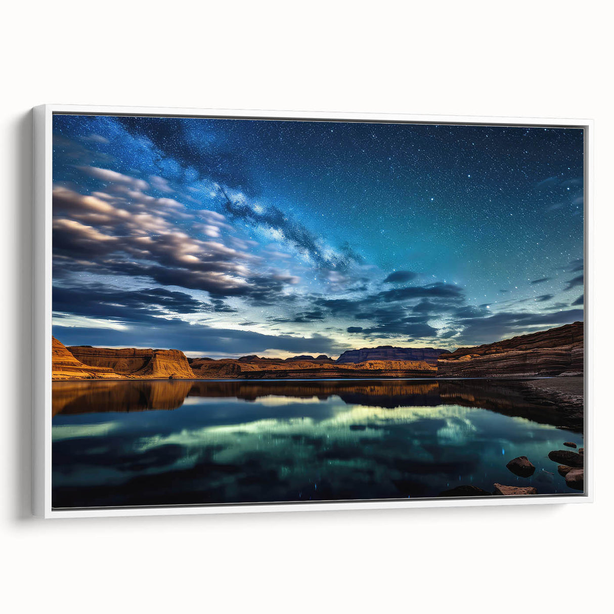 Framed canvas of vintage poster art featuring Lake Powell in Arizona, with a palette of earth tones.