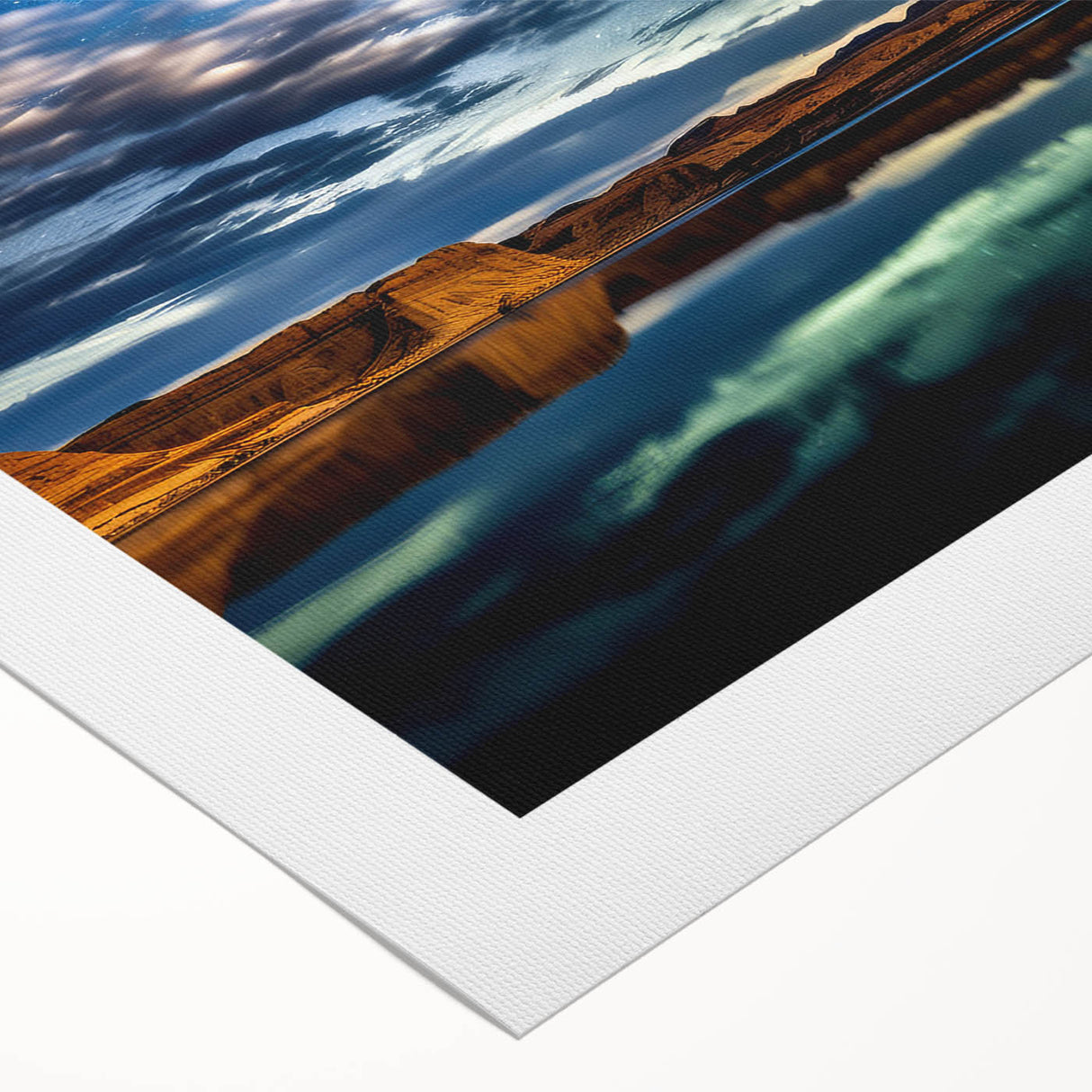 Art deco poster of Lake Powell, Arizona, featuring muted blue and beige tones on rolled canvas.
