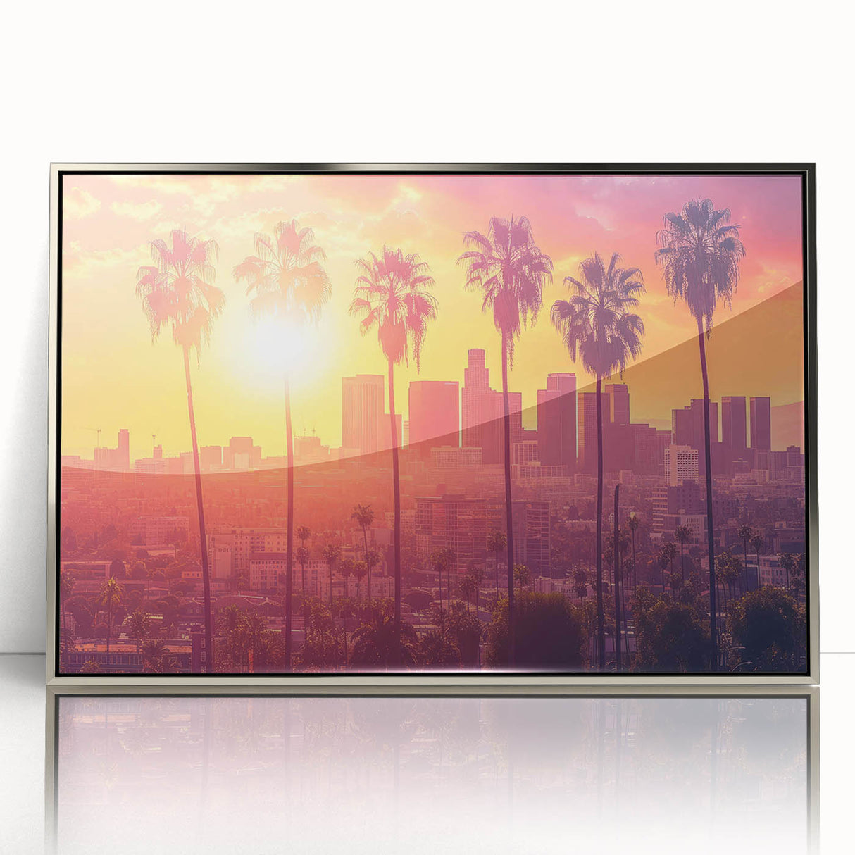 Mid-century modernist art depicting Beverly Hills scenery in muted pastel colors, framed in silver acrylic.