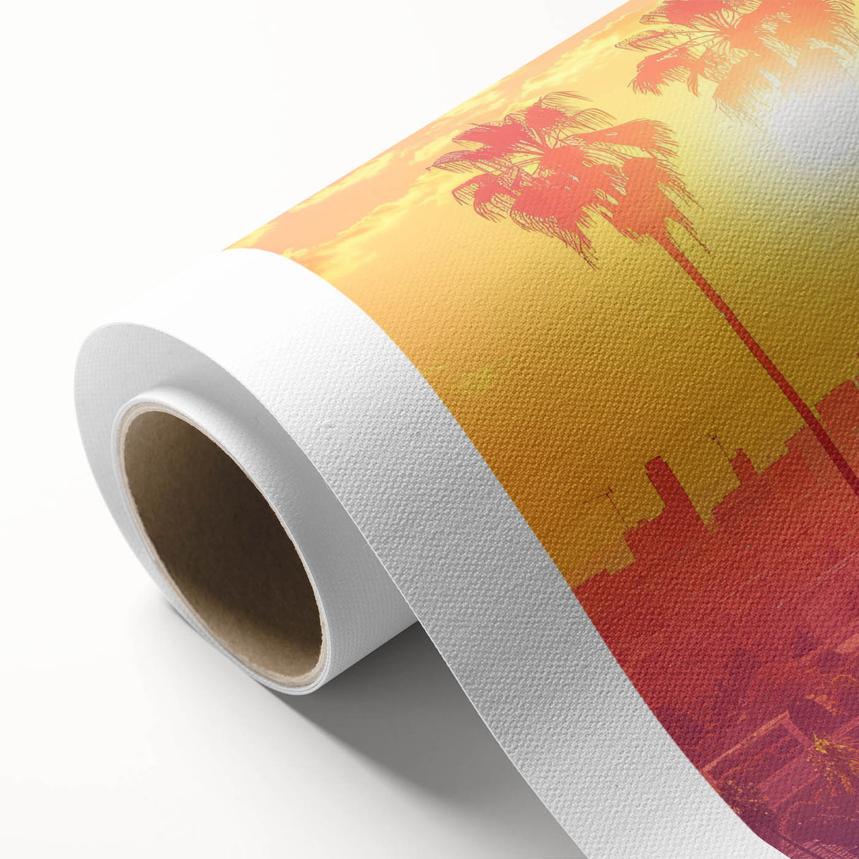 Art Deco poster of Beverly Hills scenery in pastel colors on rolled canvas.