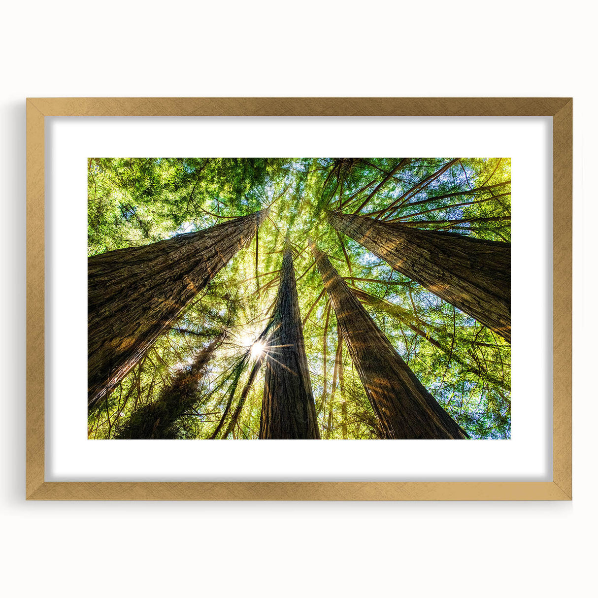 Extra large abstract art print of Big Sur, California in gold frame, featuring textured blue and green hues.