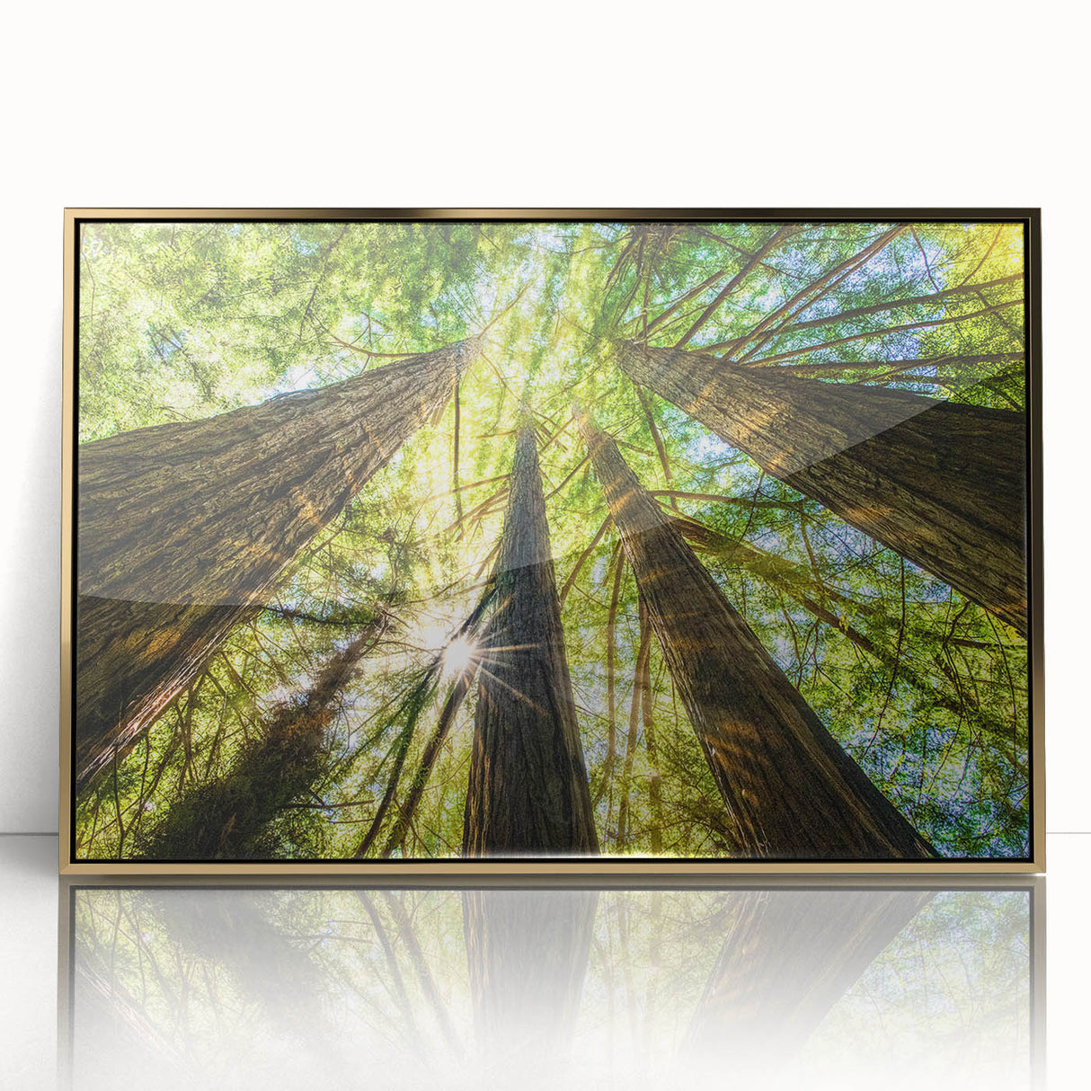 Acrylic print of Big Sur landscape in gold frame, featuring mid-century modernist style, ideal for modern art wall decor.