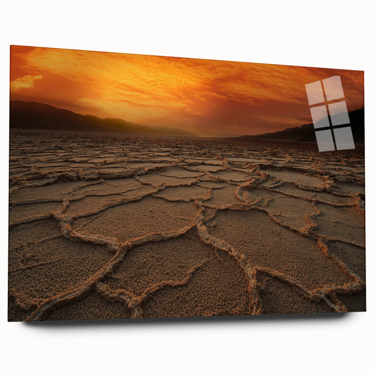 Large acrylic print of Death Valley landscape in muted earth tones, suitable for bedroom or dining room decor.