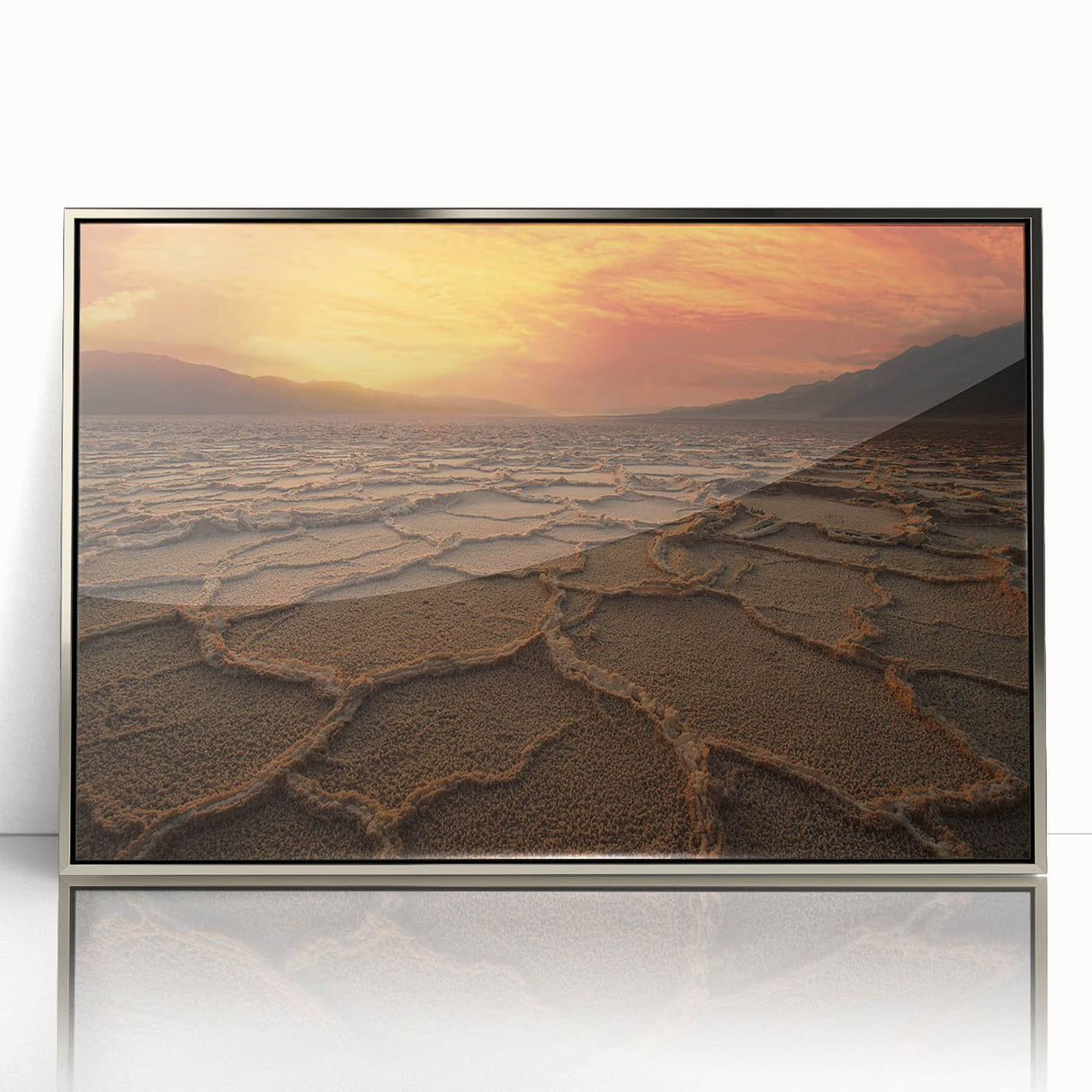 Mid-century modernist art depicting Death Valley in muted earth tones on a silver-framed acrylic print.