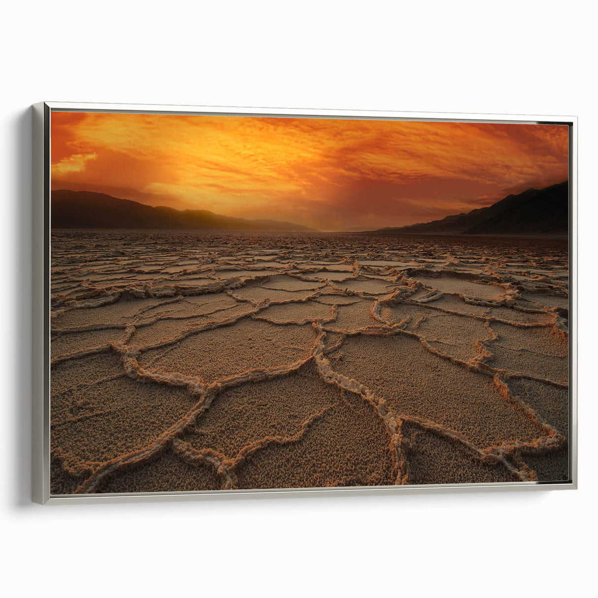 Landscape art painting of Death Valley on a framed canvas, featuring muted earth tones, ideal for office decor.