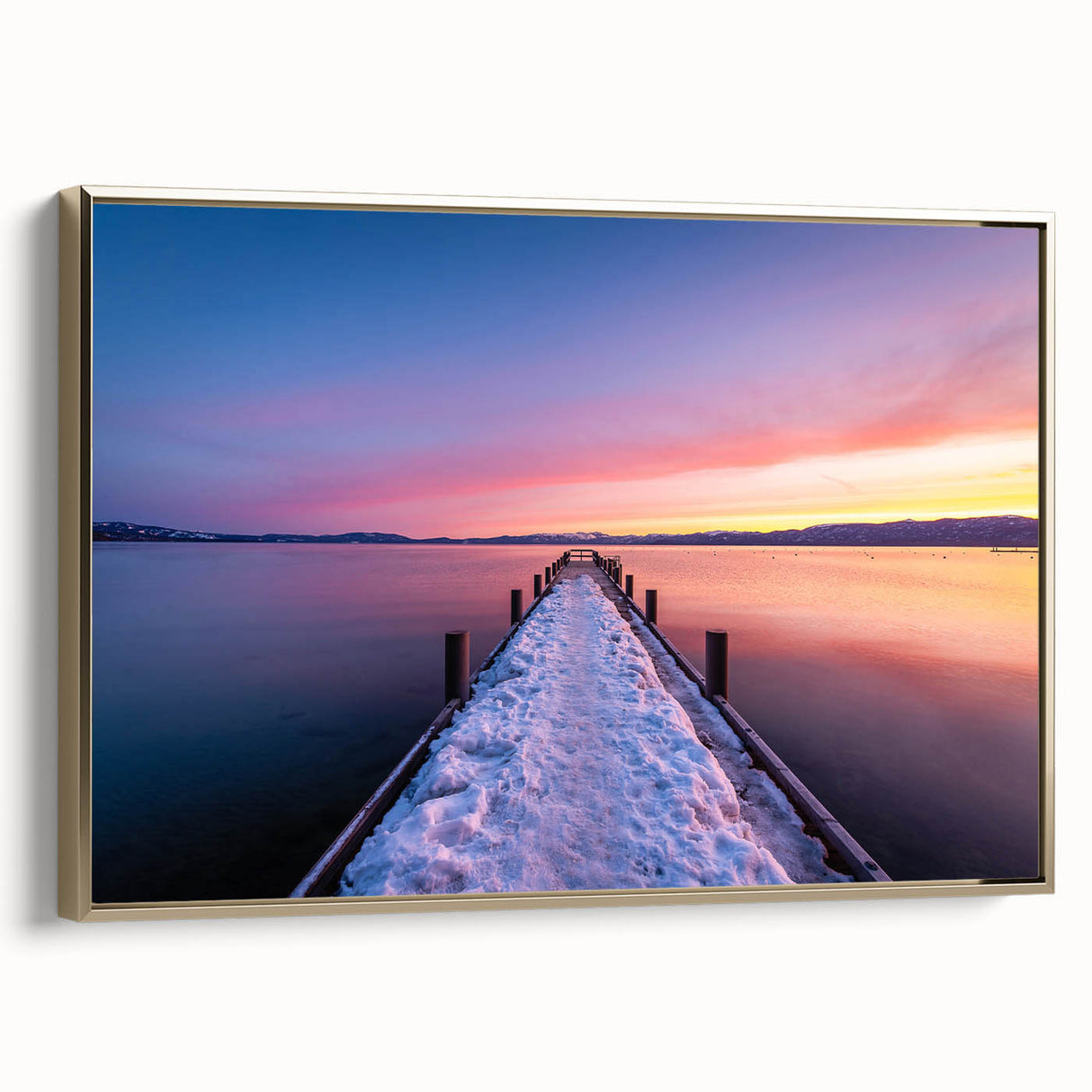 Framed canvas featuring a vintage-style landscape painting of Lake Tahoe, with muted earth tones, ideal for bedroom wall art.