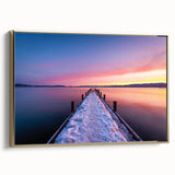 Framed canvas featuring a vintage-style landscape painting of Lake Tahoe, with muted earth tones, ideal for bedroom wall art.