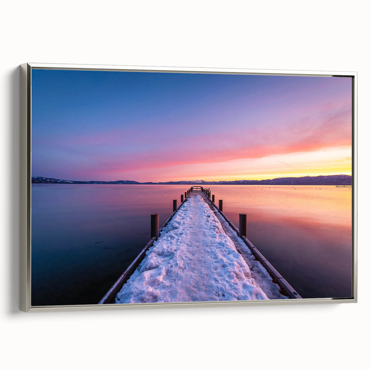 Landscape art painting of Lake Tahoe with a vintage poster style, framed in silver on canvas.