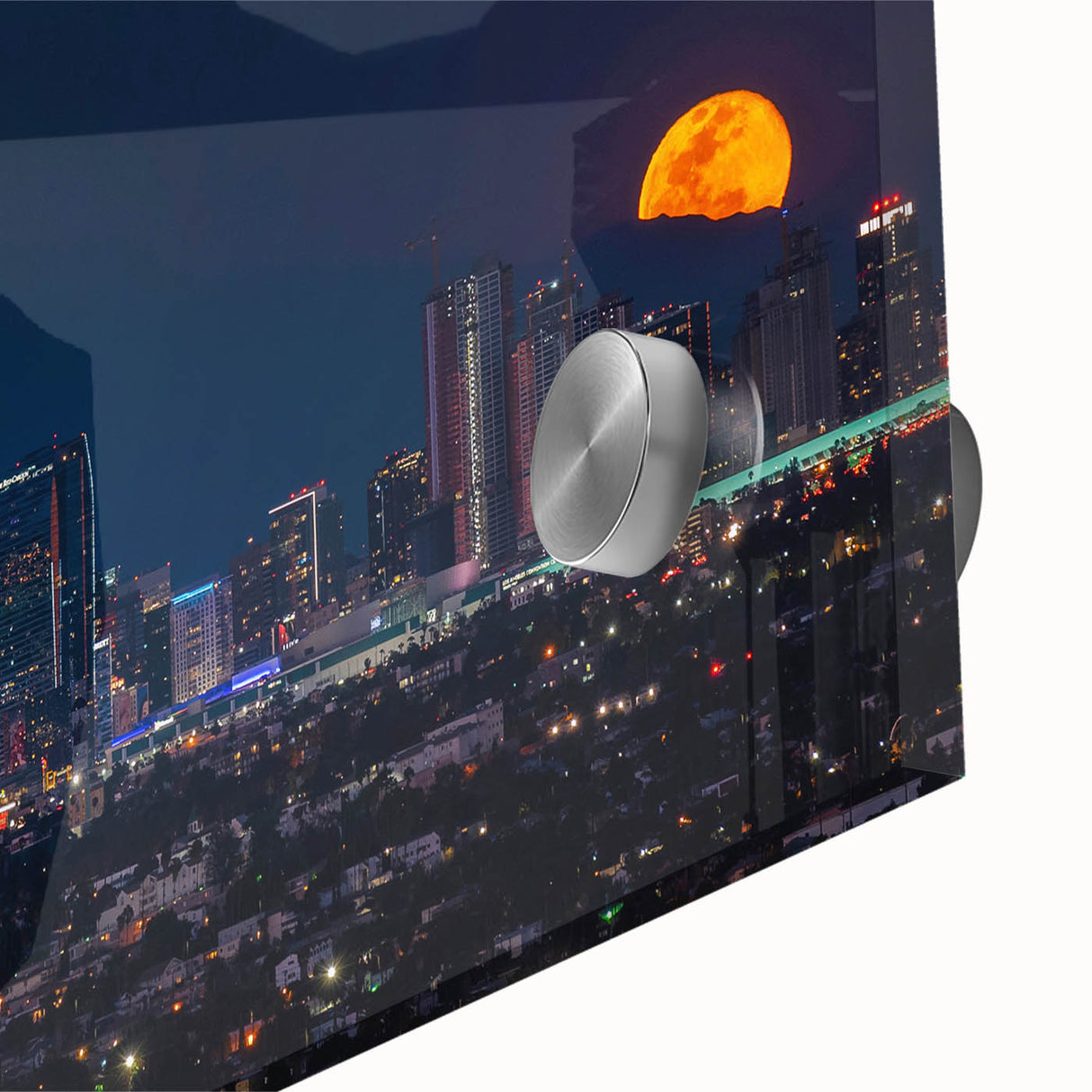 Large abstract Los Angeles skyline in muted earth tones on acrylic glass, ideal for dining room art.