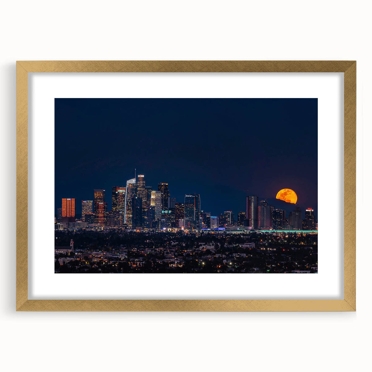 Extra large wall art featuring an abstract design of Los Angeles in textured gold and blue tones.