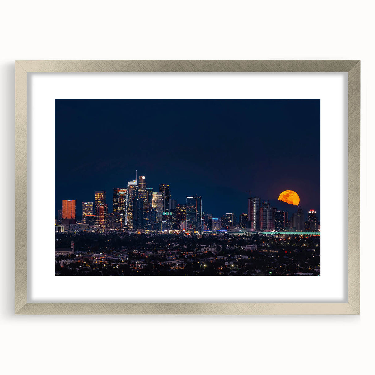 Textured abstract art print of Los Angeles skyline in muted tones on a framed silver mat, ideal for bedroom art.