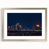 Textured abstract art print of Los Angeles skyline in muted tones on a framed silver mat, ideal for bedroom art.