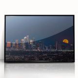 Large abstract wall art of Los Angeles skyline in muted grays and blues on a framed acrylic.