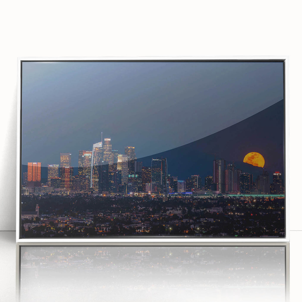 Acrylic print of Los Angeles skyline in art deco style, featuring muted blue and gray tones, ideal for modern art wall decor.