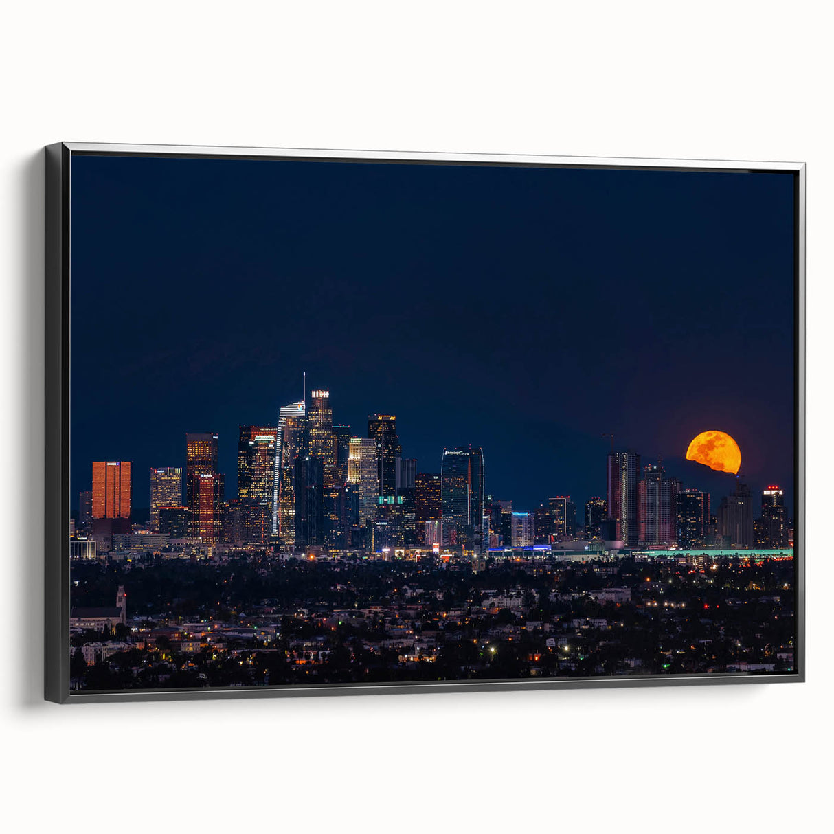 Black and white framed canvas of Los Angeles landscape, vintage poster style, ideal for bedroom wall art.