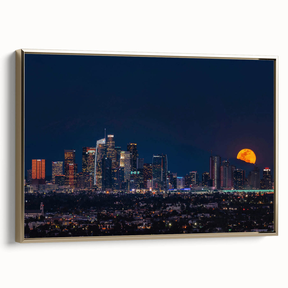 Framed canvas depicting a vintage-style Los Angeles landscape in black and gold tones, ideal for bedroom wall art.