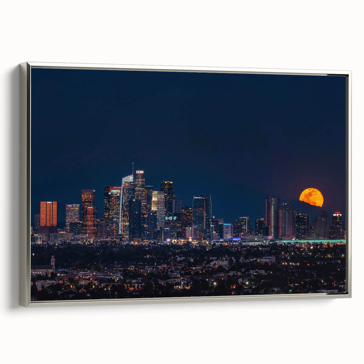Landscape art painting of Los Angeles with colorful skyline on framed canvas, suited for living room decor.