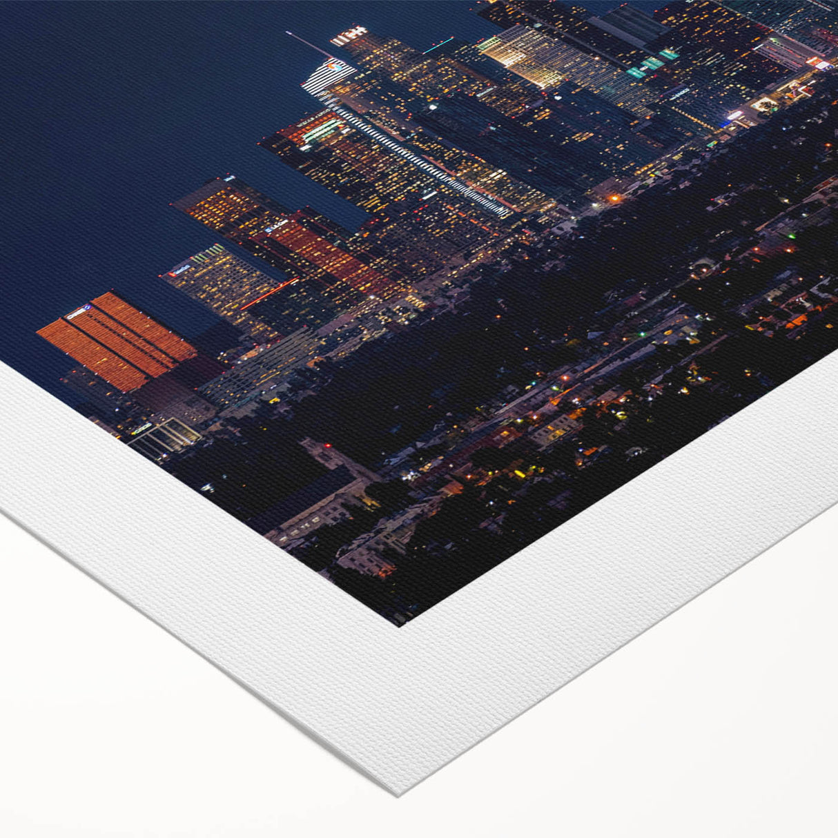 Art deco poster of Los Angeles skyline in muted gold and blue tones on rolled canvas, suitable for dining room decor.