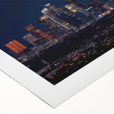 Art deco poster of Los Angeles skyline in muted gold and blue tones on rolled canvas, suitable for dining room decor.