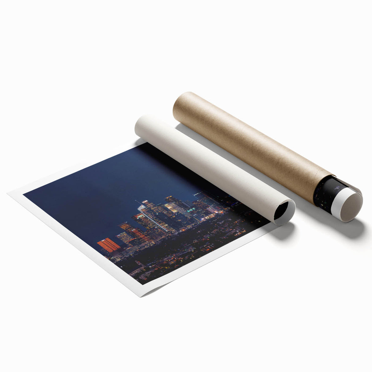 Los Angeles skyline with floral accents in soft pastel colors on a large rolled canvas.