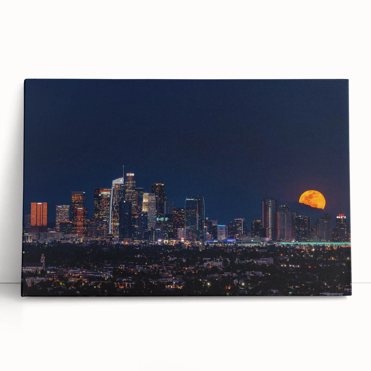 Black and white photograph of Los Angeles skyline on large stretched canvas, ideal for kitchen wall art or bedroom decor.