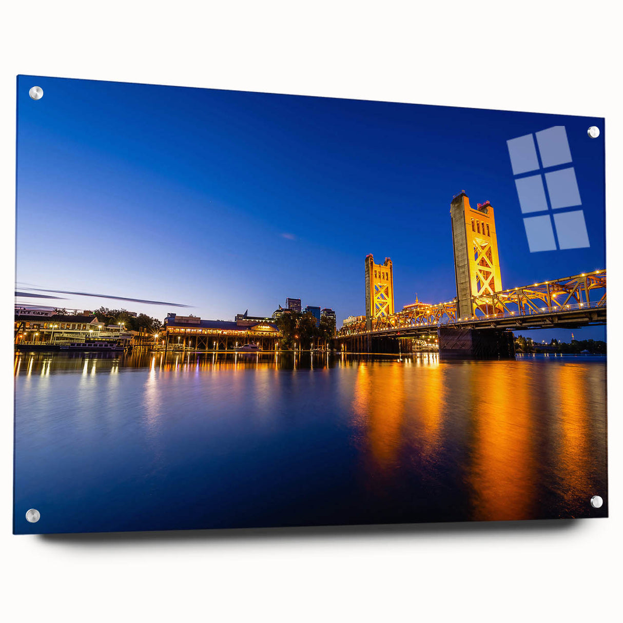 Large abstract wall art of Sacramento skyline in vibrant twilight hues on acrylic glass, suitable for bedroom or dining room.