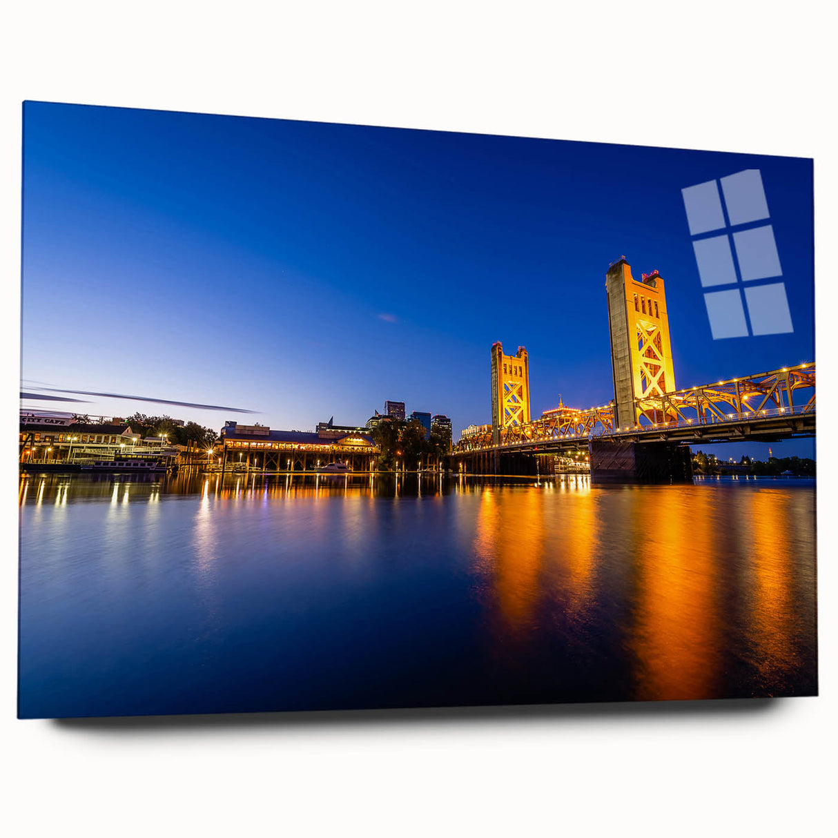 Large abstract wall art depicting Sacramento scenery in muted earth tones on acrylic glass.