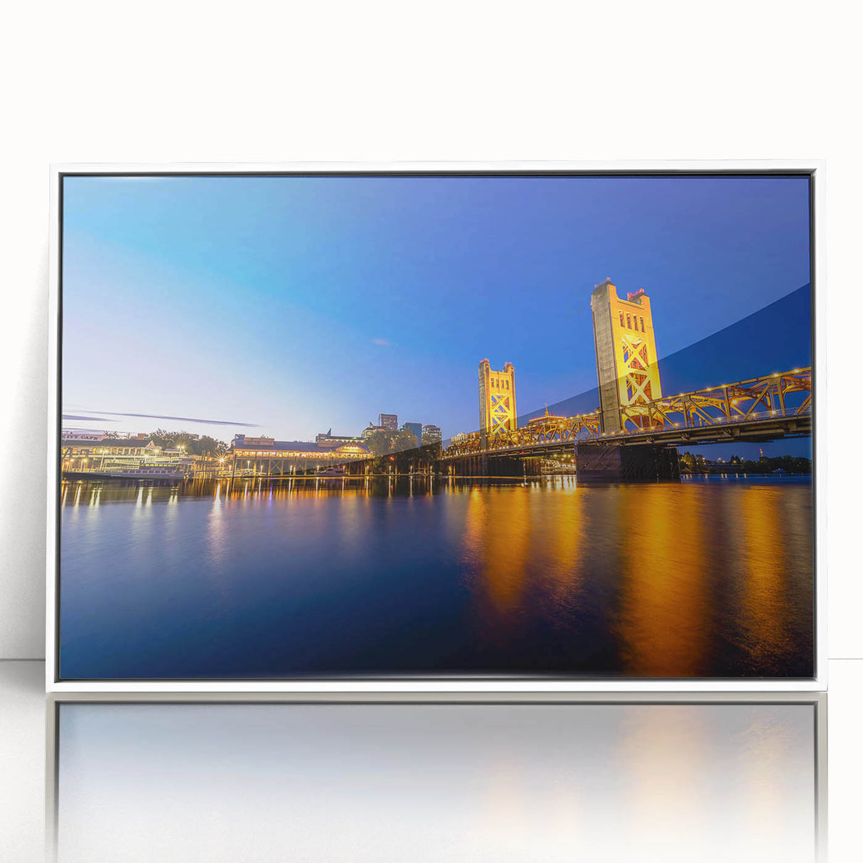 Art Deco-style poster of Sacramento scenery in muted colors on framed acrylic, ideal for modern nursery decor.
