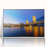 Art Deco-style poster of Sacramento scenery in muted colors on framed acrylic, ideal for modern nursery decor.