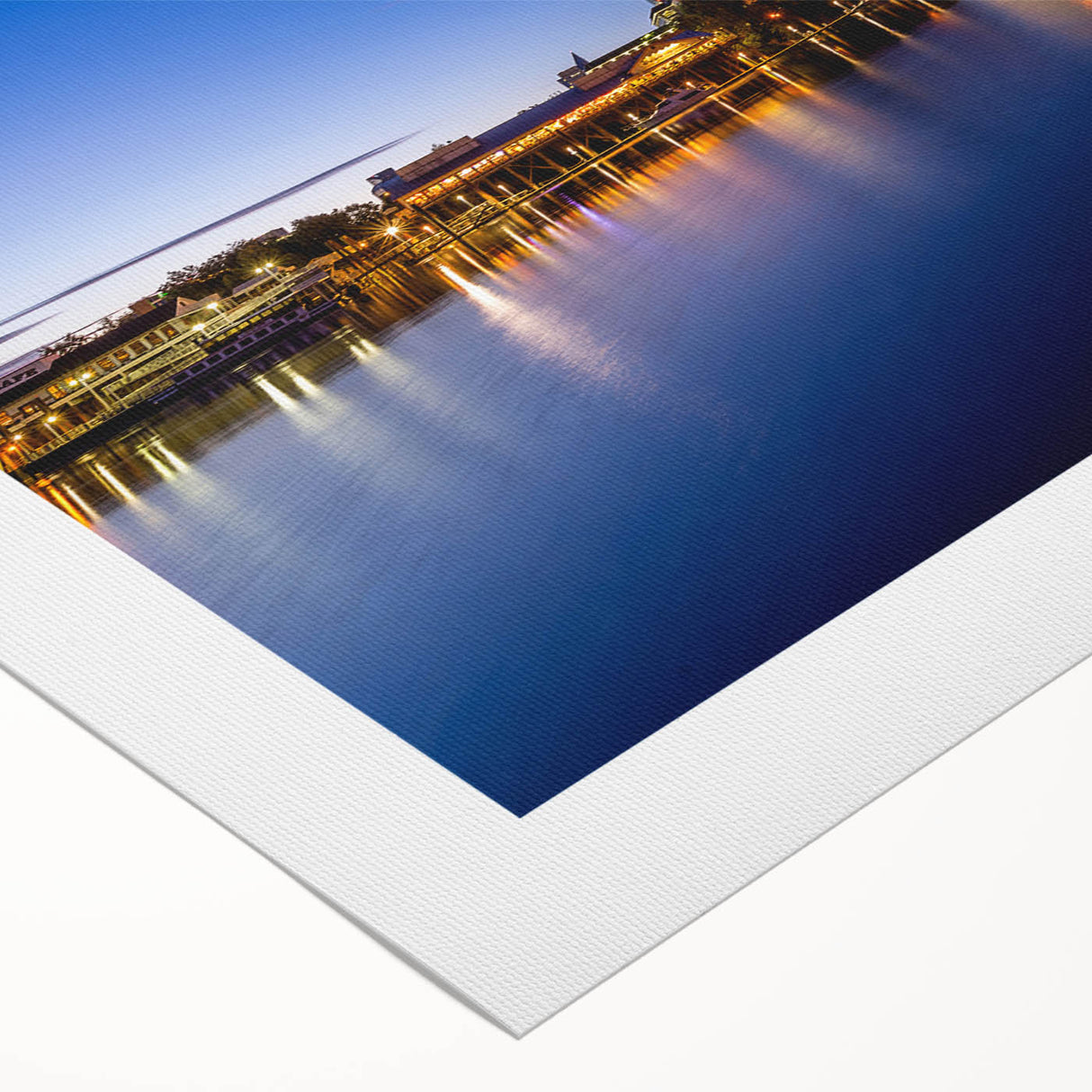 Art deco poster of Sacramento skyline in muted gold and navy tones on rolled canvas, suitable for dining room decor.