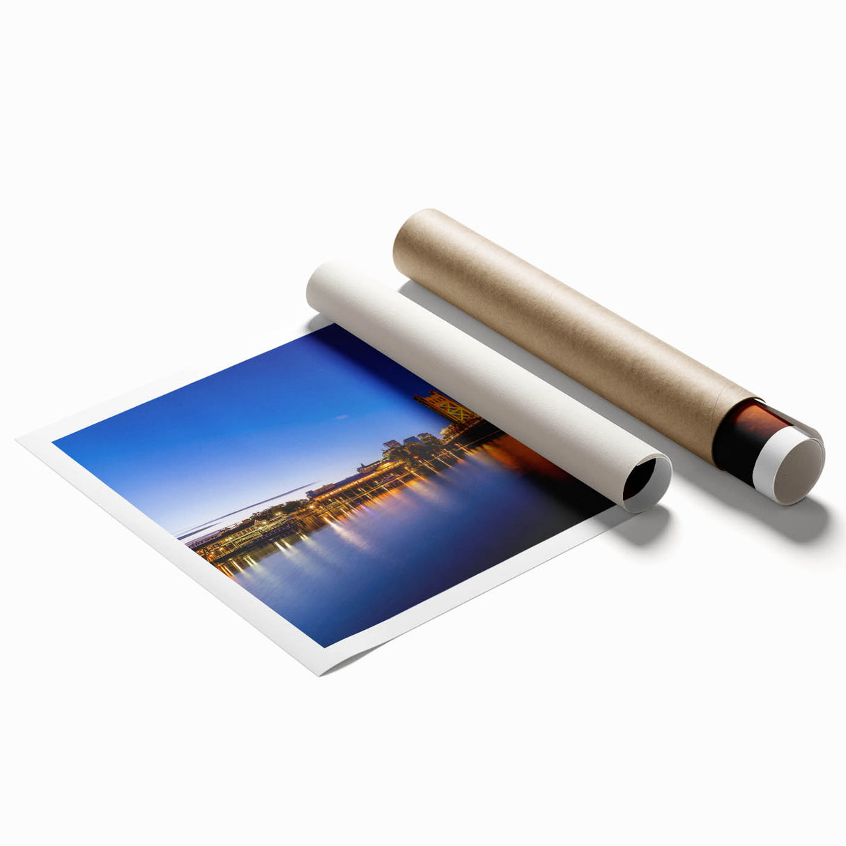 Extra large rolled print of Sacramento scenery in muted green and blue tones, ideal for large living room wall art.