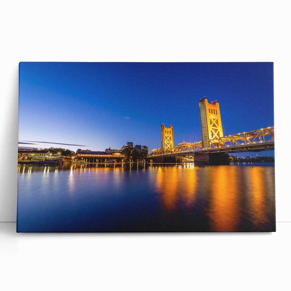 Black and white photograph of the Sacramento skyline on large stretched canvas.