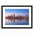 Extra large textured abstract art print depicting colorful San Diego scenery, framed in black, ideal for living room decor.