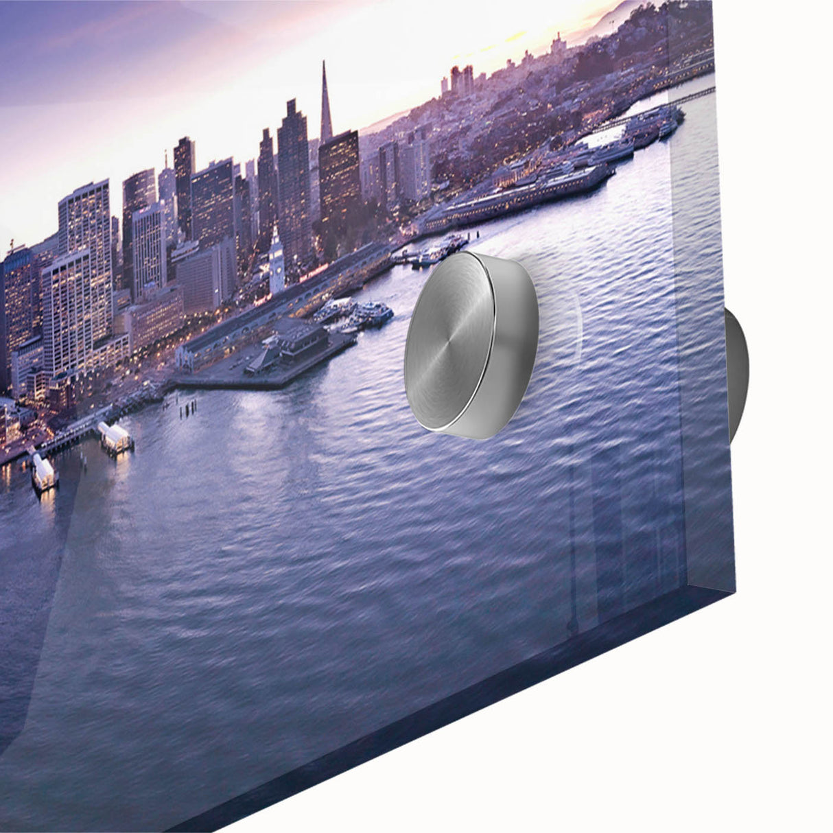 Large abstract depiction of San Francisco skyline in muted earth tones on acrylic glass, suitable for dining room art.
