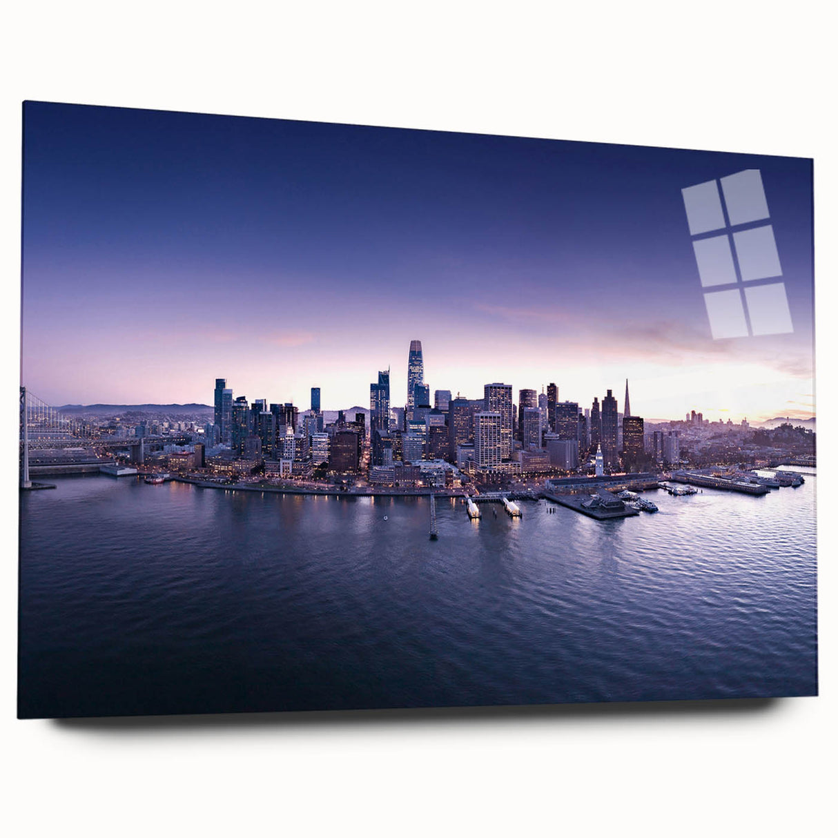 Acrylic print of San Francisco skyline in muted gray and blue tones, suitable for bedroom or dining room art.