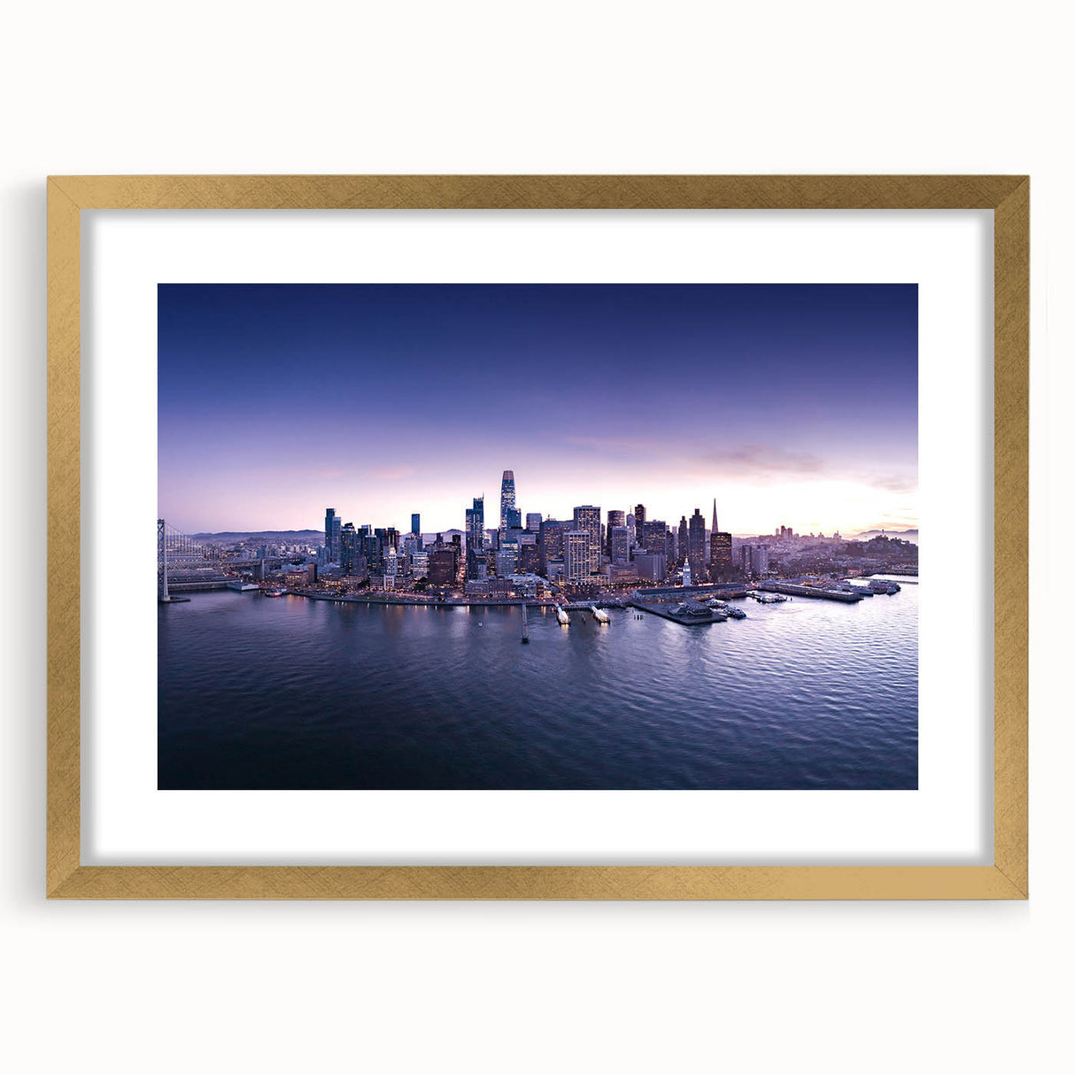 Extra large abstract art print of San Francisco scenery in muted earth tones on a framed canvas.