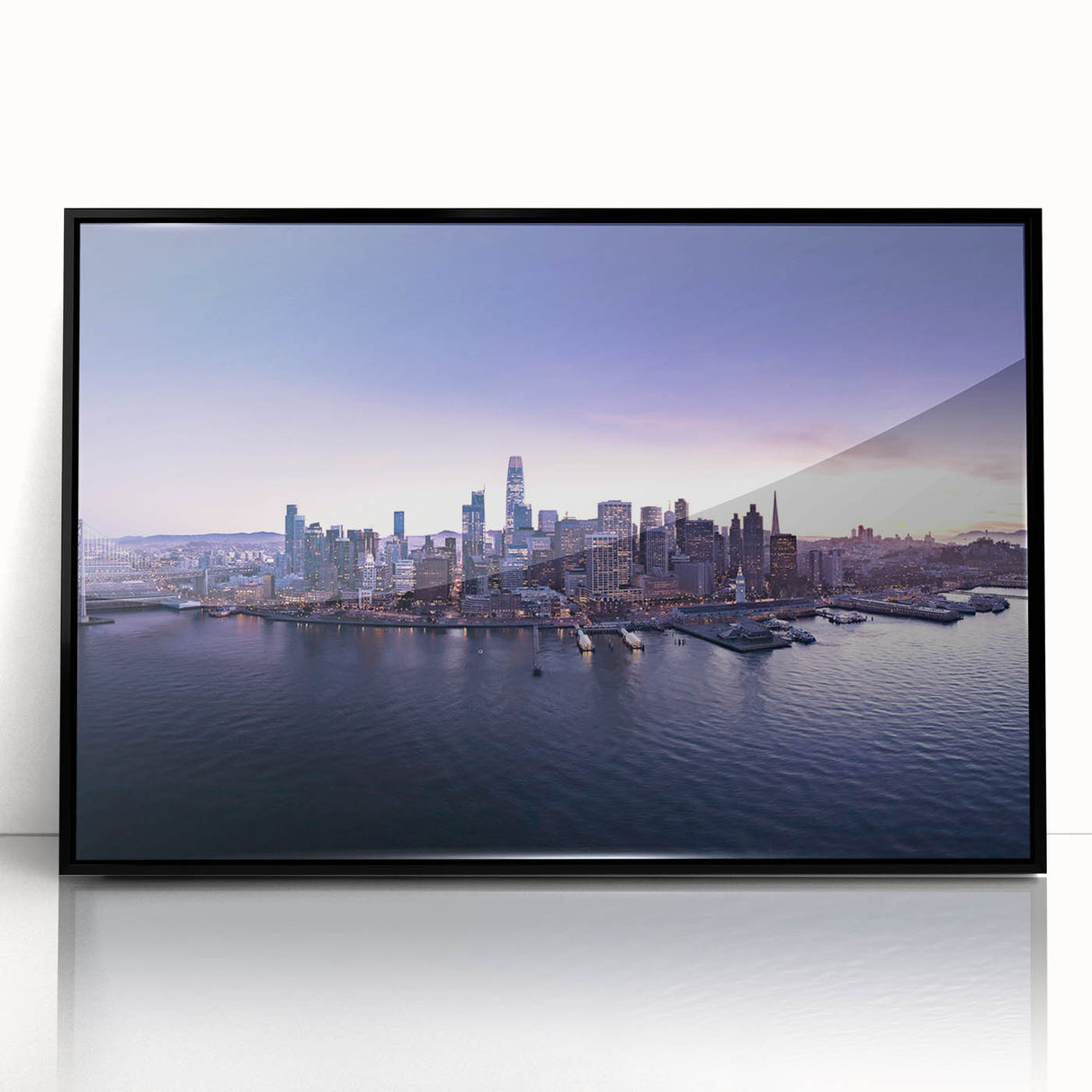 Large abstract wall art depicting the San Francisco skyline in muted gray tones on a framed acrylic print.