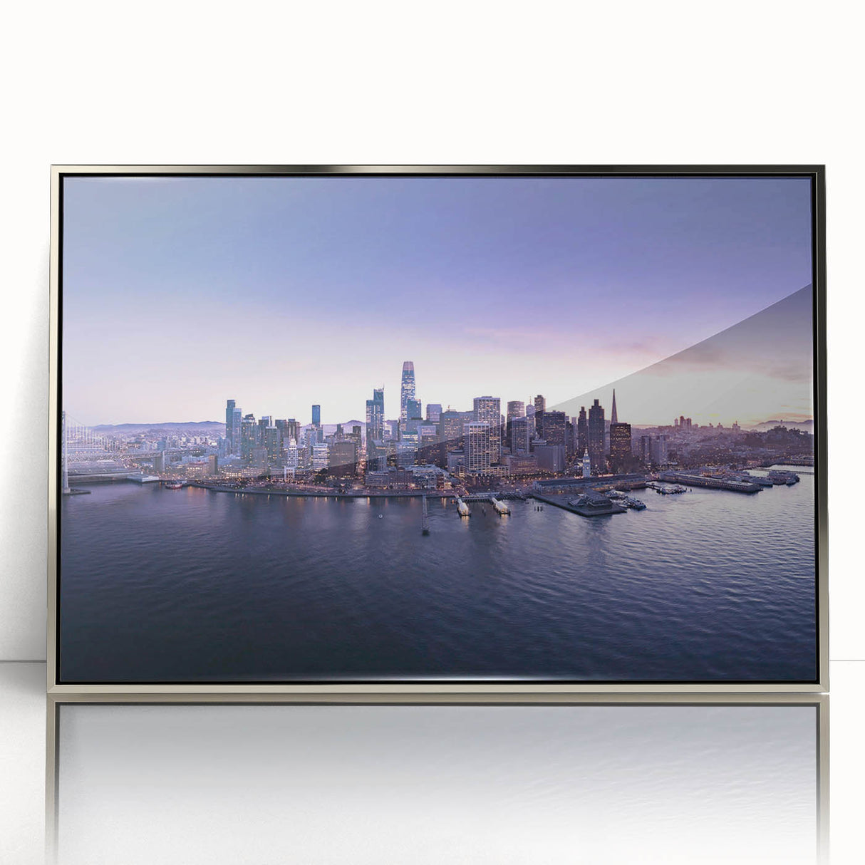 Mid-century modernist San Francisco skyline in muted blue tones on a silver-framed acrylic print.