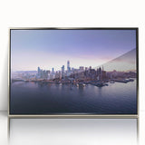 Mid-century modernist San Francisco skyline in muted blue tones on a silver-framed acrylic print.